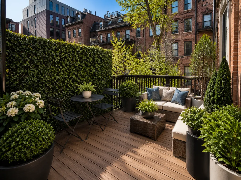 Wooden deck with a hedge, couch, table, and plants.
